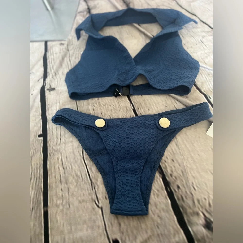 LISA MARIE FERNANDEZ Polo button-embellished seersucker halterneck bikini